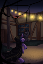 Size: 1318x1943 | Tagged: safe, artist:kittehkatbar, derpibooru import, twilight sparkle, oc, oc:grey hoof, cloak, clothes, dark, hood, lantern, night, story of the blanks, sunny town, unshorn fetlocks