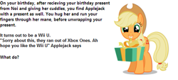 Size: 553x248 | Tagged: safe, applejack, earth pony, pony, bronybait, present, question, solo, text, wii u, wii u touchpad, xbox one