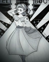 Size: 1083x1384 | Tagged: safe, artist:felinillo, starlight glimmer, human, alternative cutie mark placement, clothes, dress, fashion show, humanized, monochrome, solo, traditional art