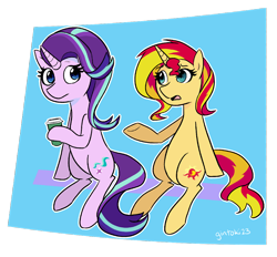 Size: 1280x1186 | Tagged: safe, artist:gintoki23, starlight glimmer, sunset shimmer, pony, unicorn, coffee, duo, sitting