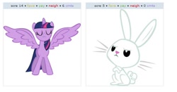 Size: 572x299 | Tagged: safe, derpibooru import, angel bunny, twilight sparkle, twilight sparkle (alicorn), alicorn, pony, exploitable meme, female, juxtaposition, juxtaposition win, mare