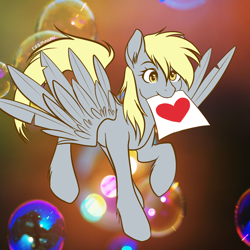 Size: 1000x1000 | Tagged: safe, artist:kira-minami, derpy hooves, pegasus, pony, bubble, female, heart, mare, solo