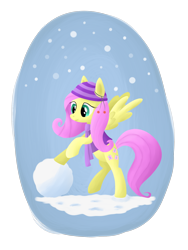 Size: 1500x2000 | Tagged: safe, artist:eq-7, fluttershy, pegasus, pony, clothes, hat, scarf, snow, snowball, snowfall, solo