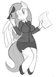 Size: 700x960 | Tagged: safe, artist:tg-0, fluttershy, anthro, breasts, businessmare, clothes, female, high heels, hootershy, monochrome, shoes, side slit, skirt, skirt suit, solo, suit, sunglasses, tube skirt