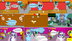 Size: 3850x2183 | Tagged: safe, artist:mellowbomb, derpibooru import, lyra heartstrings, rainbow dash, rarity, oc, oc:closingrain, oc:scribbler, pegasus, pony, unicorn, comic:calamity fateful, 1000 hours in ms paint, comic, dialogue