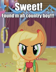 Size: 720x930 | Tagged: safe, applejack, earth pony, pony, >:), barn, bronybait, caption, clothes, dress, fourth wall, gala dress, image macro, looking at you, smiling, smirk, solo