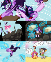 Size: 2000x2400 | Tagged: safe, artist:jake heritagu, midnight sparkle, scootaloo, starlight glimmer, twilight sparkle, twilight sparkle (alicorn), oc, oc:aero, oc:lightning blitz, alicorn, pegasus, pony, comic:ask motherly scootaloo, equestria girls, baby, baby pony, cloak, clothes, colt, comic, hairpin, male, metal gear solid, motherly scootaloo, offspring, older, older scootaloo, otacon, parent:derpy hooves, parent:oc:warden, parent:rain catcher, parent:scootaloo, parents:canon x oc, parents:catcherloo, parents:warderp, pony hat, ponyville, scarf, smoke, speech bubble, sweatshirt