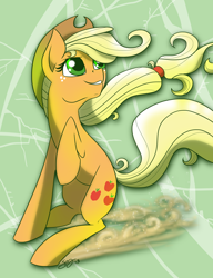 Size: 1154x1500 | Tagged: safe, artist:probablyfakeblonde, applejack, earth pony, pony, looking back, raised hoof, solo