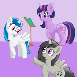 Size: 1000x1000 | Tagged: safe, artist:verminshy, derpibooru import, dj pon-3, octavia melody, twilight sparkle, twilight sparkle (alicorn), vinyl scratch, alicorn, earth pony, pony, ask classical vinyl, octacorn, rocktavia, tumblr, vinyl class, vinylcorn