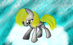 Size: 1024x640 | Tagged: safe, artist:liz-moon, derpy hooves, sad, solo, younger