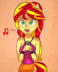 Size: 1024x1280 | Tagged: safe, artist:wolfy-pony, sunset shimmer, equestria girls, rainbow rocks, clothes, microphone, music notes, open mouth, ponied up, singing, skirt, sleeveless, solo, welcome to the show