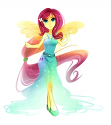 Size: 1427x1604 | Tagged: safe, artist:koveliana, fluttershy, equestria girls, alternate costumes, clothes, colored skin, dress, humanized, solo, winged humanization