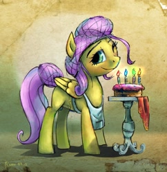 Size: 1920x1980 | Tagged: safe, artist:ruffu, fluttershy, pegasus, pony, apron, baking, birthday cake, cake, candle, clothes, food, hairnet, solo, table