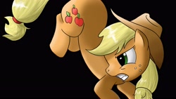 Size: 3840x2160 | Tagged: safe, artist:herostrain, applejack, earth pony, pony, angry, bucking, simple background, solo