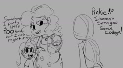 Size: 1263x699 | Tagged: safe, artist:mt, pinkie pie, oc, human, baby, child, grayscale, humanized, monochrome, offspring, parent:pinkie pie, pregnant