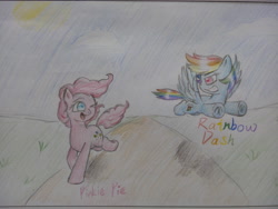 Size: 4096x3072 | Tagged: safe, artist:supercastle, derpibooru import, pinkie pie, rainbow dash, earth pony, pegasus, pony, duo, female, flying, lesbian, mare, pinkiedash, running, shipping, traditional art