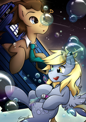 Size: 620x876 | Tagged: safe, artist:secret-pony, derpy hooves, doctor whooves, pegasus, pony, bubble blower, doctor who, female, mare, tardis