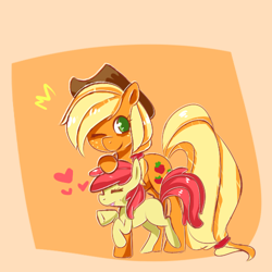 Size: 500x500 | Tagged: safe, artist:pegacornss, apple bloom, applejack, earth pony, pony, blonde hair, female, filly, mare, orange coat, red mane, sisters