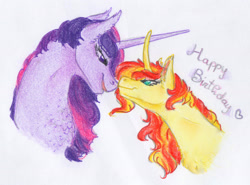 Size: 2805x2079 | Tagged: safe, artist:dawn22eagle, sunset shimmer, twilight sparkle, twilight sparkle (alicorn), alicorn, pony, female, happy birthday, lesbian, looking at each other, shipping, simple background, sunsetsparkle, traditional art