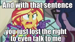 Size: 1920x1080 | Tagged: safe, edit, edited screencap, screencap, sci-twi, sunset shimmer, twilight sparkle, equestria girls, friendship games, angry, discovery family logo, doctor who, exploitable meme, image macro, meme, pointing, reaction image, sunset yells at twilight