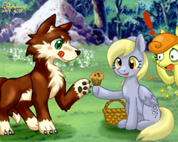 Size: 500x400 | Tagged: safe, artist:ashwolf, carrot top, derpy hooves, golden harvest, pegasus, pony, wolf, female, mare, muffin, pixiv