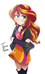 Size: 1074x1737 | Tagged: safe, artist:tanianoemi, sunset shimmer, equestria girls, anime, boots, clothes, crossed arms, cute, human coloration, jacket, leather jacket, simple background, skirt, skirt lift, solo, transparent background