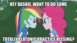 Size: 899x506 | Tagged: safe, derpibooru import, edit, edited screencap, screencap, pinkie pie, rainbow dash, equestria girls, friendship games, pinkie spy (short), bush, clothes, compression shorts, female, image macro, lesbian, meme, pinkiedash, shipping, smiling