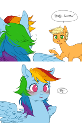 Size: 1000x1500 | Tagged: safe, artist:xarakayx, derpibooru import, applejack, rainbow dash, earth pony, pegasus, pony, alternate hairstyle, appledash, blushing, comic, dialogue, female, lesbian, no pupils, pixie cut, shipping, short hair