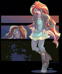 Size: 1600x1892 | Tagged: safe, artist:tyuubatu, sunset shimmer, equestria girls, boots, clothes, human coloration, jacket, leather jacket, lidded eyes, silhouette, solo, tree