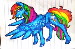 Size: 3024x2000 | Tagged: safe, artist:smirk, derpibooru import, rainbow dash, pegasus, pony, female, gel pen, lined paper, mare, pen, simple background, solo, spread wings, traditional art, wings