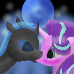 Size: 1024x1024 | Tagged: safe, artist:psychicpie, starlight glimmer, oc, oc:steel crescent, changeling, unicorn, blue changeling, blushing, canon x oc, duo, female, fin, kissing, male, moon, shipping, straight