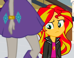 Size: 910x720 | Tagged: safe, screencap, rarity, sunset shimmer, equestria girls, rainbow rocks, clothes, cropped, cutie mark, jacket, jewelry, leather jacket, raised leg, sad, skirt