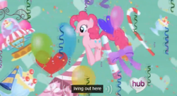 Size: 566x306 | Tagged: safe, screencap, pinkie pie, earth pony, pony, the ticket master, balloon, candy, ei, hub logo, meme, solo, streamers, youtube caption