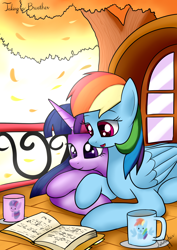 Size: 2480x3507 | Tagged: safe, artist:twidasher, derpibooru import, rainbow dash, twilight sparkle, pegasus, pony, book, female, golden oaks library, leaves, lesbian, mug, reading, shipping, twidash