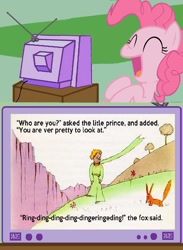 Size: 563x770 | Tagged: safe, pinkie pie, earth pony, fox, pony, exploitable meme, meme, obligatory pony, the fox, the little prince, tv meme, what does the fox say?, ylvis