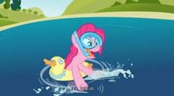 Size: 640x355 | Tagged: safe, screencap, pinkie pie, earth pony, pony, too many pinkie pies, floaty, inflatable, meme, snorkel, solo, water, youtube caption