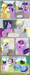 Size: 1280x3155 | Tagged: safe, artist:moemneop, applejack, derpy hooves, minuette, sweetie belle, twilight sparkle, earth pony, pegasus, pony, comic:return to equestria, comic, female, mare