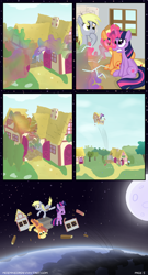 Size: 1280x2375 | Tagged: safe, artist:moemneop, applejack, derpy hooves, dinky hooves, twilight sparkle, earth pony, pegasus, pony, comic:return to equestria, comic, female, i just don't know what went wrong, mare