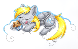 Size: 900x563 | Tagged: safe, artist:snacky-bites, derpy hooves, pegasus, pony, cloud, cloudy, female, mare, muffin, sleeping, solo