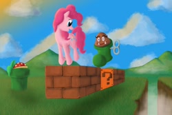 Size: 1080x720 | Tagged: safe, artist:squiby-327, pinkie pie, earth pony, pony, ? block, brick block, crossover, goomba, goomba's shoe, happy, hopping, jumping, nintendo, piranha plant, super mario bros., super mario bros. 3, video game, warp pipe