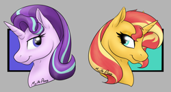 Size: 1528x816 | Tagged: safe, artist:mythpony, starlight glimmer, sunset shimmer, pony, back to back, bust, portrait