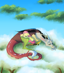 Size: 969x1096 | Tagged: safe, artist:c-puff, discord, fluttershy, draconequus, pegasus, pony, chaos, cloud, cloudy, cute, discoshy, discute, eyes closed, female, male, mare, shipping, shyabetes, sleeping, smiling, snuggling, straight, tree