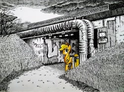 Size: 2048x1520 | Tagged: safe, artist:smellslikebeer, applejack, earth pony, pony, abandoned, bygone civilization, crosshatch, earth, graffiti, ink, overcast, partial color, pipe (plumbing), ruins, solo, traditional art, tunnel