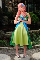 Size: 853x1280 | Tagged: artist needed, safe, artist:areihanai, fluttershy, human, animation on display, clothes, cosplay, dress, gala dress, irl, irl human, photo, solo