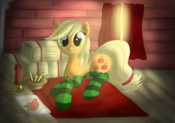 Size: 4066x2869 | Tagged: safe, artist:malamol, applejack, earth pony, pony, clothes, drawing, hay bale, mouth hold, pencil, prone, socks, solo, striped socks