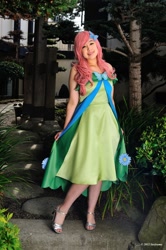 Size: 852x1280 | Tagged: safe, artist:areihanai, fluttershy, human, animation on display, clothes, cosplay, dress, gala dress, irl, irl human, photo, solo