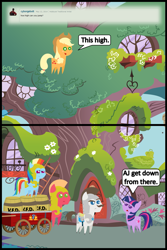 Size: 1047x1572 | Tagged: safe, artist:bronybyexception, derpibooru import, applejack, big macintosh, hondo flanks, rainbow dash, twilight sparkle, earth pony, pegasus, pony, armor, ask honest applejack, barrel, cart, comic, fire department, fire engine, firefighter, ladder, pointy ponies, royal guard, volunteer fire department, who's a silly pony