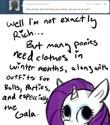 Size: 685x780 | Tagged: safe, artist:moonblizzard, rarity, pony, unicorn, ask, rarity answers, solo, tumblr