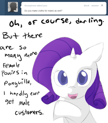 Size: 685x780 | Tagged: safe, artist:moonblizzard, rarity, pony, unicorn, ask, rarity answers, solo, tumblr