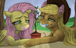 Size: 936x595 | Tagged: safe, artist:colorlesscupcake, applejack, fluttershy, earth pony, pegasus, pony, bandaid, gag, tape gag, tree